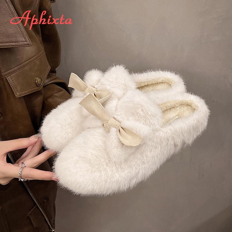 Fashion Aphixta Cute Butterfly Knot Design Solid Color Indoor Slipper Soft Warm Women Furry Mule Shoes Flat With Anti-skip Women Shoes