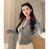 Women's Slimming Double Zipper Knitted Jacket with Stand Collar - Versatile Long Sleeve Cardigan for Spring and Autumn.