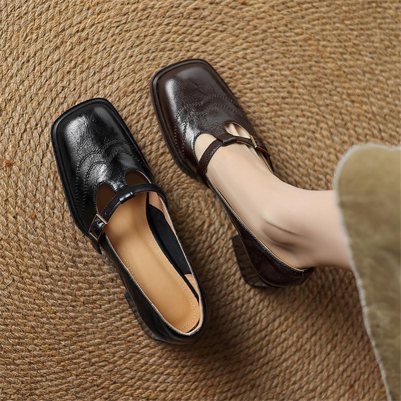 Fashion New Spring/summer Genuine Leather Mary Jane Shoes for Women Fashion Square Toe Shoes High Heels Women Pumps Chunky Heel Black