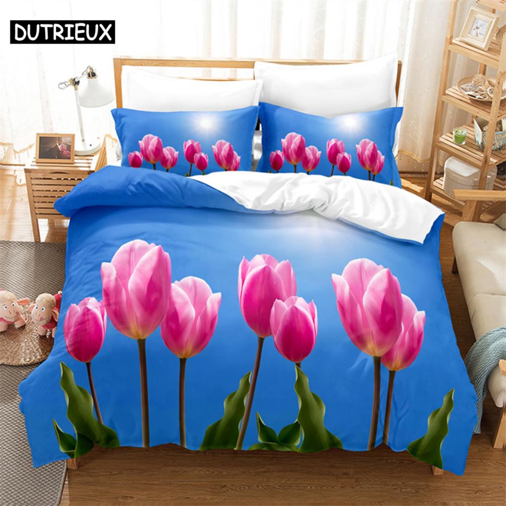 Sky Tulip Lovers Queen Bedding Set Duvet Cover Kids Bedroom Bed Set Comforter Cover Set King Size Duvet Cover Set Bedding Sets