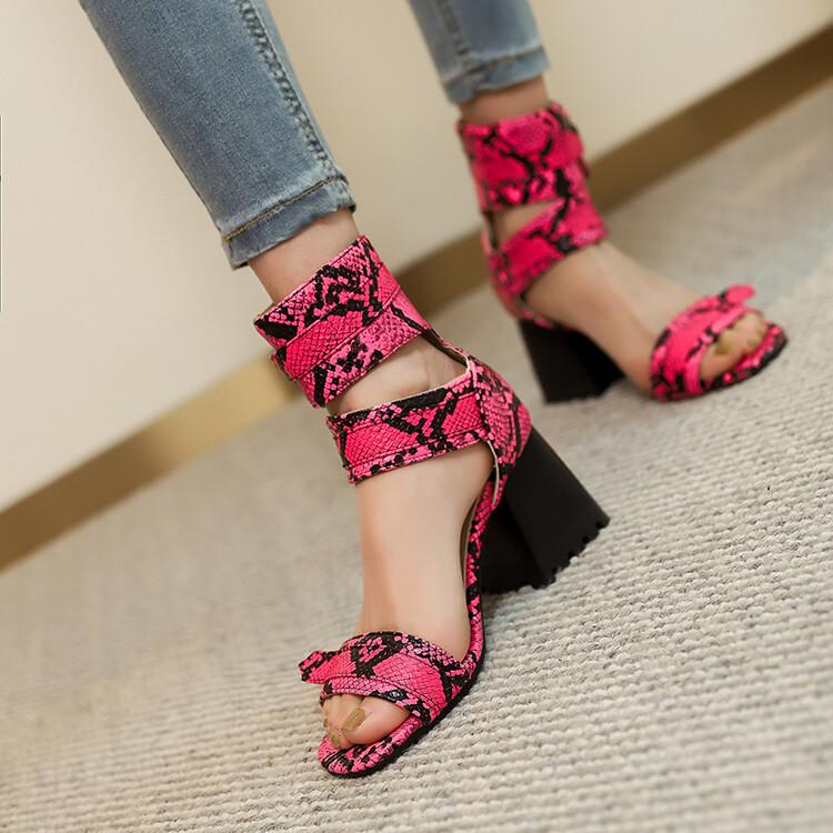 FOREADA Women Sandals Round Toe Thick High Heels Hook Party Gladiator Summer Shoes Black White Brown Yellow 33-46