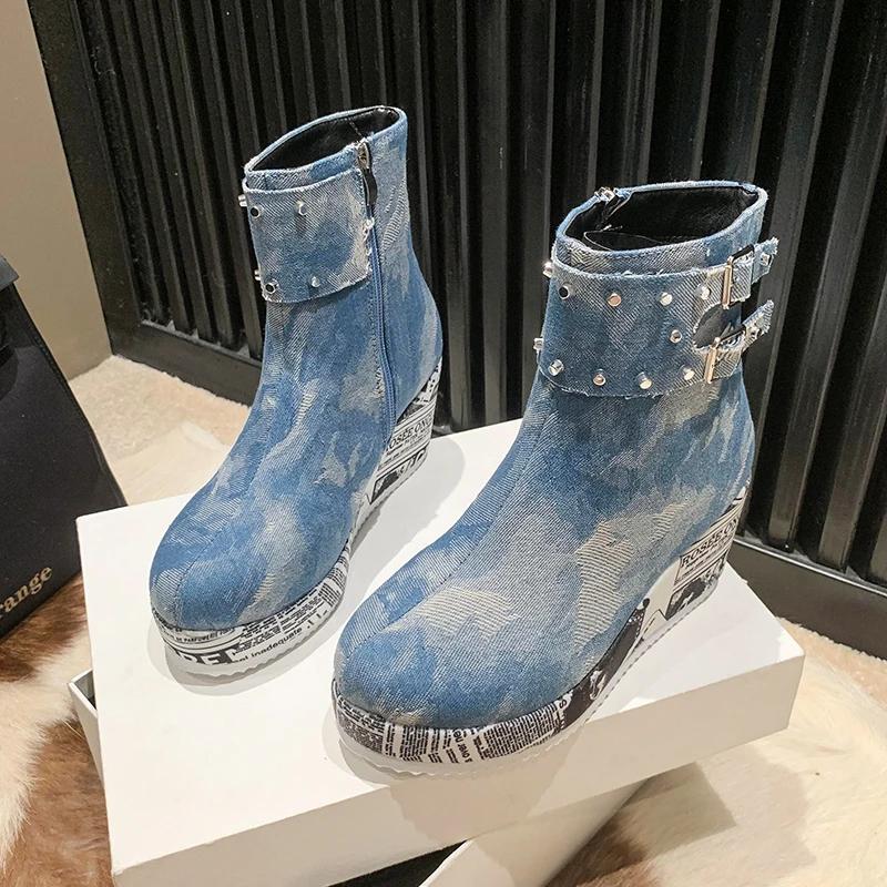 Thick Soled Boots Women Spring and Autumn 2024 New Denim Women's Boots Low Rise Casual Increase Height Shoes Female Mid-Calf