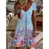 Women's Sundress Midi Dress Short Sleeve Floral Print Summer Casual V Neck Loose Dresses Plus Size 2024 Female Clothing Vestidos