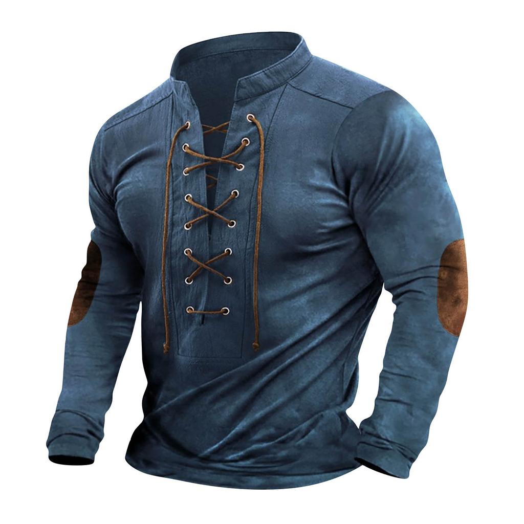 Men's Vintage Outdoor Sports Long Sleeve Top Lace-Up Stand Collar Shirt