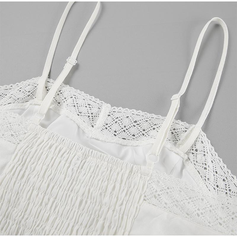 Summer Lace White Cotton and Linen Women's Suit Holiday Beach Suspender Square Neck Short Top + Mid Skirt Two-piece Set