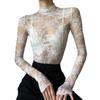 Women's Summer Fashion Crop Tops White Long Sleeve Mock Neck Lace Floral Slim T-shirt