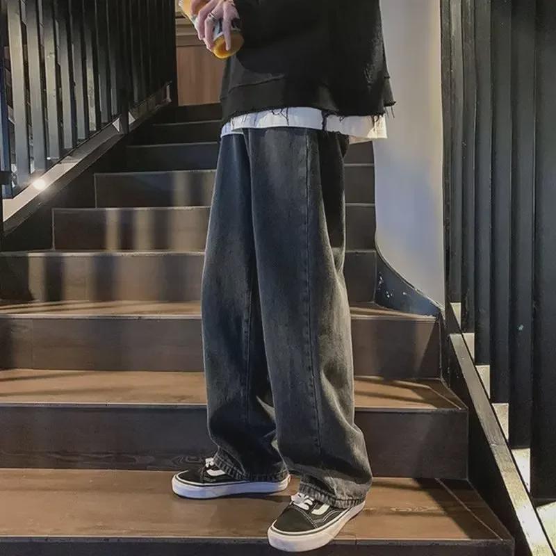 Men's Black Wide-Leg Retro Straight Jeans - New Autumn Trend, Loose-Fit, Large Sizes Available.