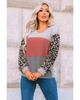 Leopard Contrast Sleeve Colorblock Waffle Knit Top