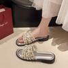 Summer New Pearl Slippers Women's Outerwear Flat Bottom One-word Drag Versatile Beach Sandals with Skirt