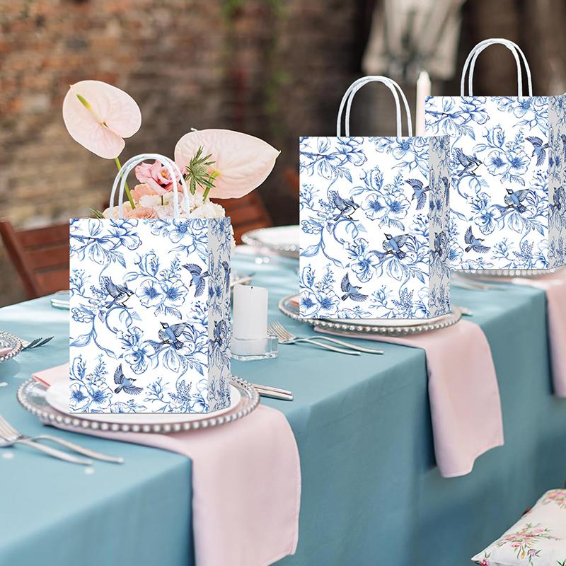 10pcs Blue & White Shopping Paper Gift Bags Elegant Porcelain Floral Tote Bags Chinese With Twine Handles Weddings