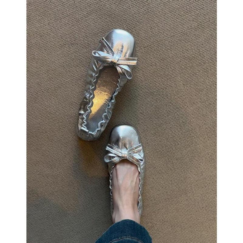 Sheepskin Version~ Genuine Leather Retro Pleated Bow Flat-bottomed Ballet Shoes Commuting Versatile One-pedal Shallow-mouth Single Shoes