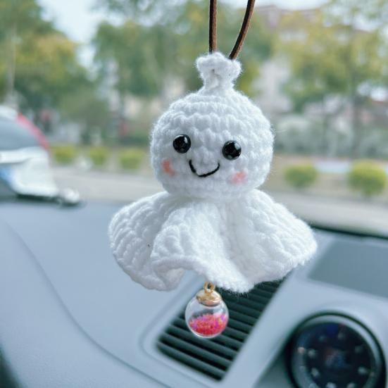 Crochet Sunny Doll Car Charm Handmade Knitted Car Rear View Mirror Hanging Ornaments for Automotive Interior Accessories