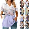 Womens Short Sleeve T Shirts Pleated V Neck Printing Tee Collared Summer Tops Fashion Business Casual Work