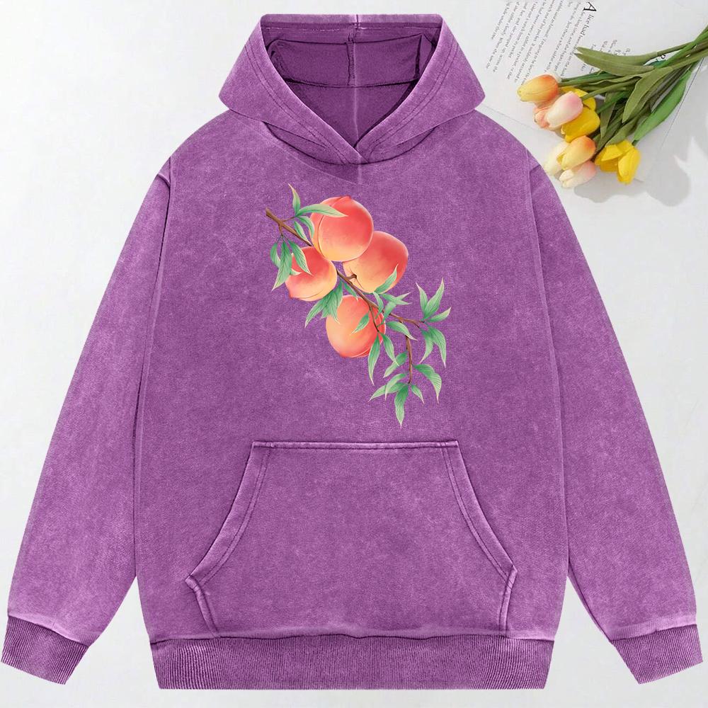 Fresh Peaches On Branches Print Washed Hoodie Female Autumn Trendy Sweatshirt Vintage Loose Hoodies Street Cotton