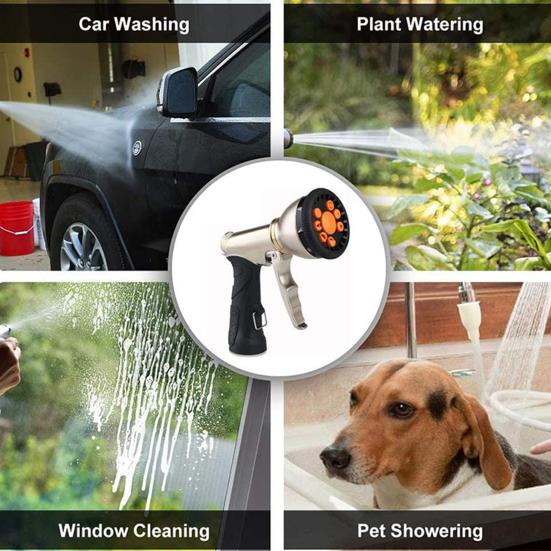 Garden Hose Nozzle Heavy Duty Metal Hose Nozzle with 9 Spray Patterns Leak-proof Water Sprayer with Anti-slip Handle for Cleaning Watering Car Washing