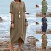 New Women's Solid Color Round Neck Short Sleeved Mid Length Dress