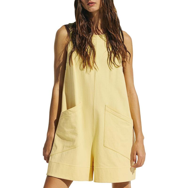 Summer Women's Loose One-piece Shorts Solid Colour Cotton Linen Vest Casual Jumpsuit