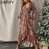 Women's Fashion Spring Autumn Bohemia Print Long Sleeve V-Neck High Waist Casual Dresses