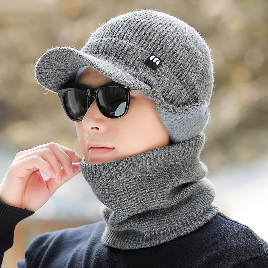 Men's Winter Big Head Circumference Elastic Thick Knitted Hat Scarf Two-Piece Set for Middle-Aged and Elderly Grandpa Hat