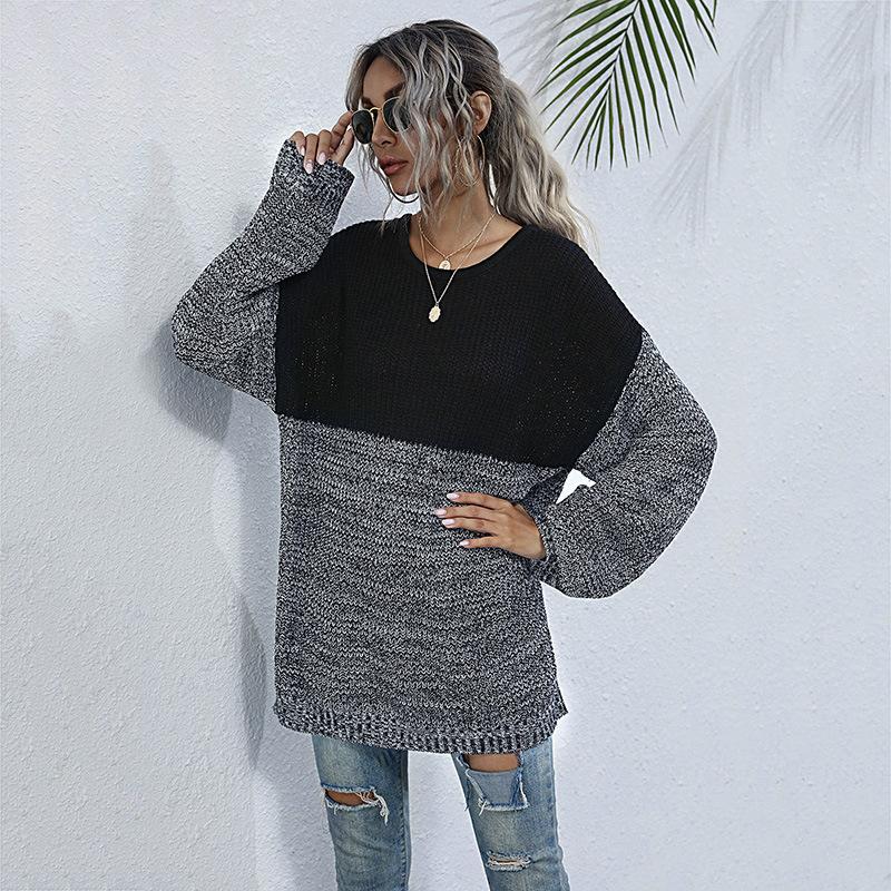 Autumn Women's Sweater Clashing Color Round Neck Inner Long Sleeve Knitted Sweater Medium Long Top