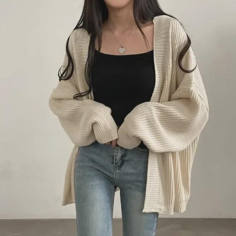 Women's Cozy Solid Color Mid-Length Knit Cardigan Sweater for Autumn and Winter
