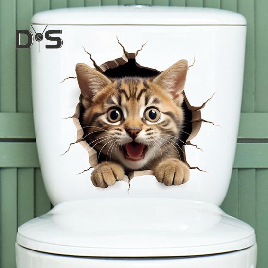 Through-wall Cat Toilet Sticker Waterproof Removable Self-adhesive PVC Living Room Bathroom Wall Art 3D Effect Simulation Kitten Toilet Seat Lid