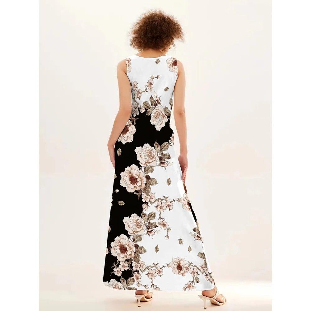 Flower Print Casual Sleeveless Long Dress Women's V-Neck Printed Dress Swing Bohemian Retro Dresses