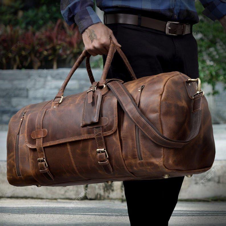 Personalized Brown Leather Duffel Bag Weekender Travel Bag Handmade Leather Duffel Luggage Bag with Shoe Compartment Carry On Overnight Bag