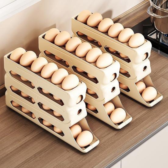 Fridge Egg Storage Box Four Tiers Automatic Rolling Large Capacity Space-Saving 30 Egg Organizer Refrigerator Side Door Egg Dispenser