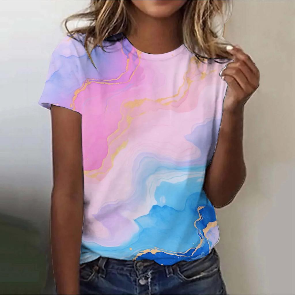 2025 Women's Street Trendy T-shirt Dreamy Star 3D Printed Short Sleeve Versatile Daily Casual Loose Round Neck Top Women's Wear