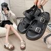 2025 Summer New Fashion Open-toed Sandals Women's One-word Buckle with Thick Sole Simple Solid Color Beach Sandals