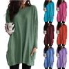Women's Fashion Casual Round Neck Small Pocket Medium Long Solid Colour Long Sleeve Top
