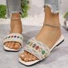 Colored Rhinestone Flat-bottomed Slippers for Women In the Summer of 2024, New Foreign Trade Large Size One-word Casual Beach Cool Slippers for Women