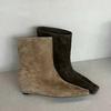 Sheepskin Version~ Retro Minimalist Suede Small Square Head Wedge Sleeve Western Cowboy Boots Women's 2025 New Short Boots