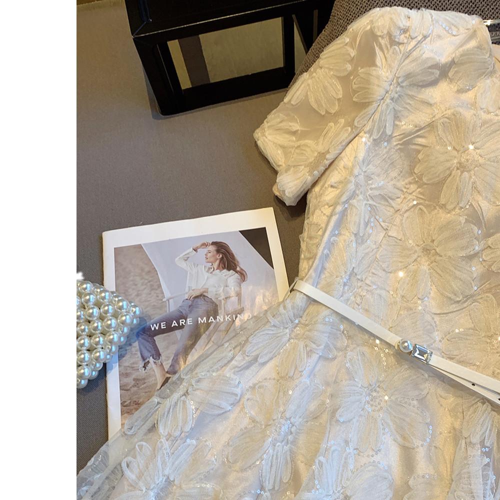 New Fashion Mesh Sequined Embroidery Short Dress Women Clothing Elegant Floral Pearl Belt Slim Casual Summer Dress