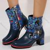 Fashion Women's Short Boots Flower Printed Patchwork Round Toe Thick Bottom Women Shoes Fashion Chunky High Heel Belt Buckle Botas Mujer