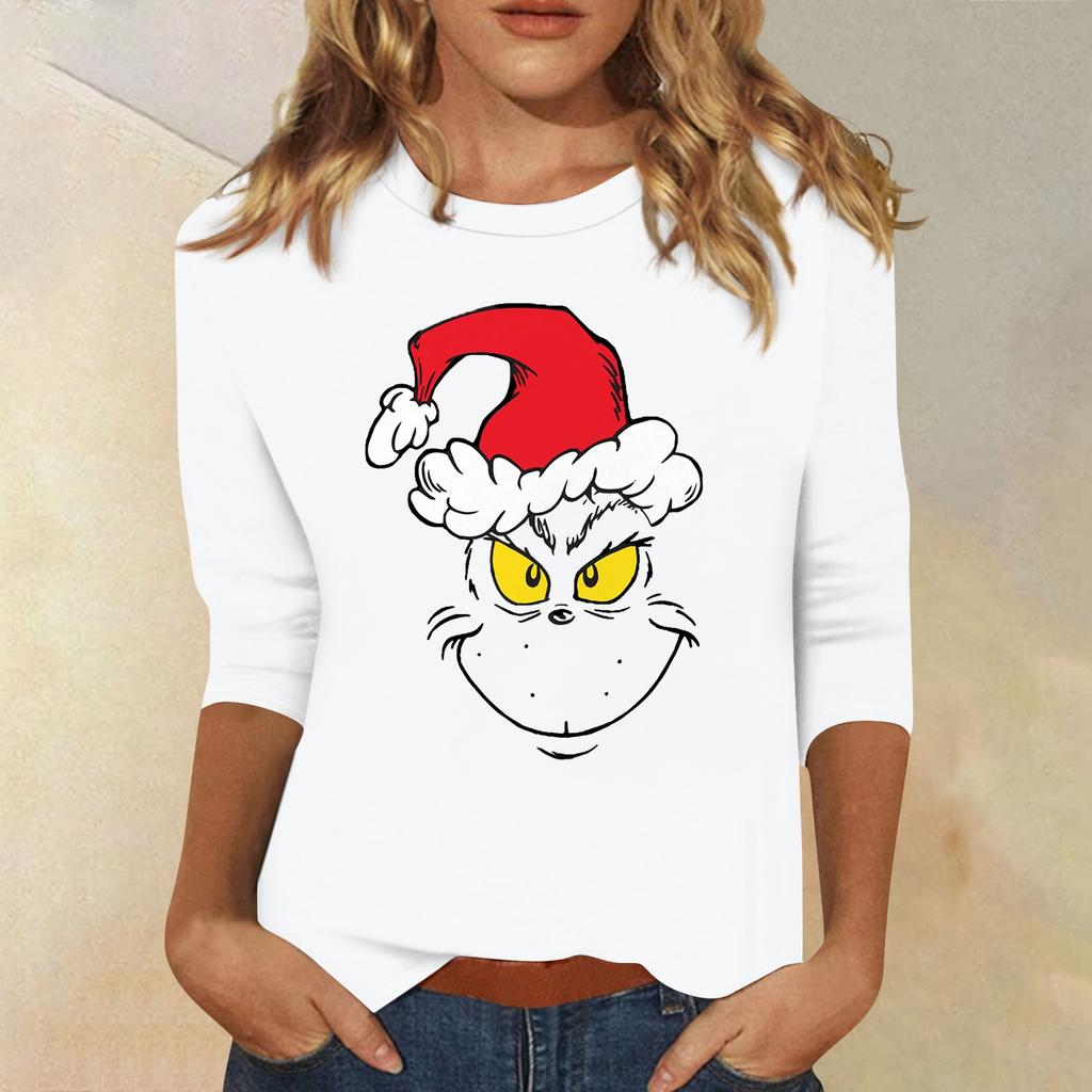 3/4 рукава топы для женщин футболка повседневные рождественские принты топы футболка круглый вырез пуловер блузка