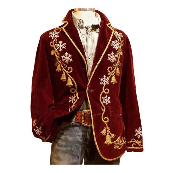 Men Corduroy Suit Coat Single-Breasted Suit Jacket Lapel Long Sleeve 3D Christmas Themed Print Slim Fit Suit Jacket Formal Stage Wear
