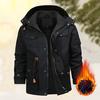 Men Winter Solid Color Jacket Coat Detachable Hooded Stand Collar Long Sleeve Fleece Lining Multi Pockets Zipper Placket Outwear