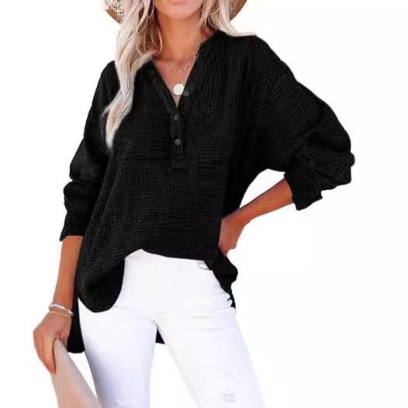 Spring and Autumn Pleated Button Long Sleeved Solid Color Top Women's Shirt Loose Pure Cotton Pullover