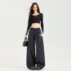 Women's Retro Blue Plaid Wide-Leg Pants - Loose, Slimming, and Versatile for Autumn and Winter