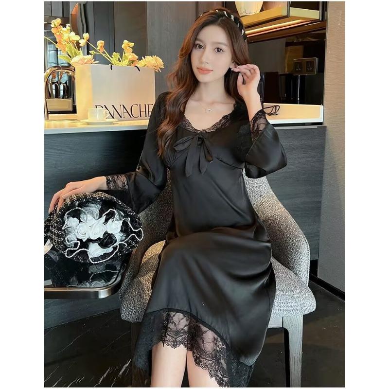 Women's Sexy Spring and Autumn Nightdress Ladies Sweet Lace Ice Silk Loungewear Long Sleeve Homewear
