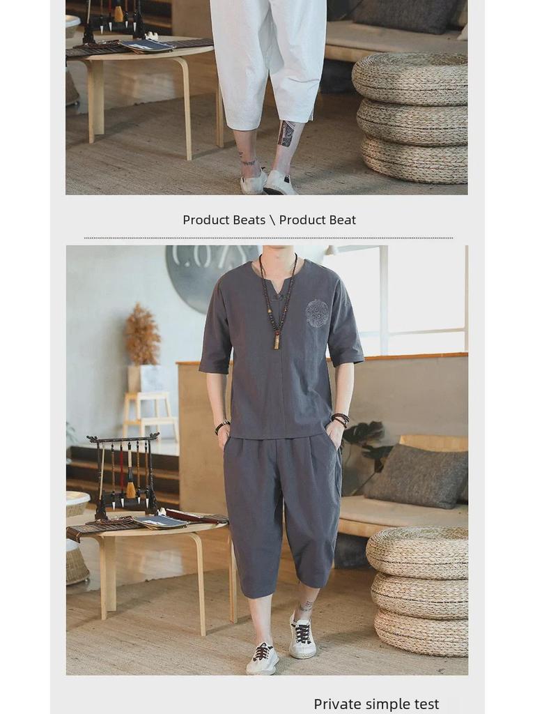 Men's Chinese-Style Cotton Linen Two-Piece Suit - Casual Loose-Fit Harem Pants with Short-Sleeved Top