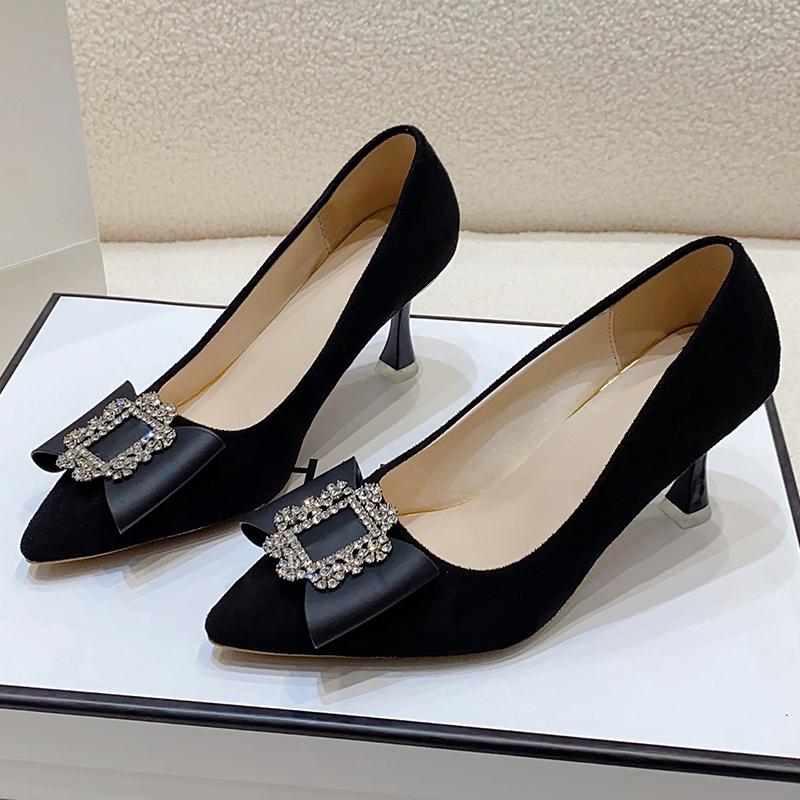 Fashion French Pointed Toe Rhinestone Heels Women's Fall New Shallow Slip-on Stiletto Plus-Size Professional Single Shoes