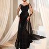 Women's Sequin Evening Dress Lace Long Sleeve Bodycon Maxi Dress Sparkly Floor Length Mesh Patchwork Overlay Dress for Cocktail Wedding Parties