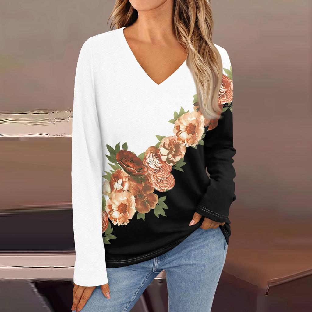Women's Fashion Casual V Neck Long Sleeve Printed T-Shirt Ladies Top
