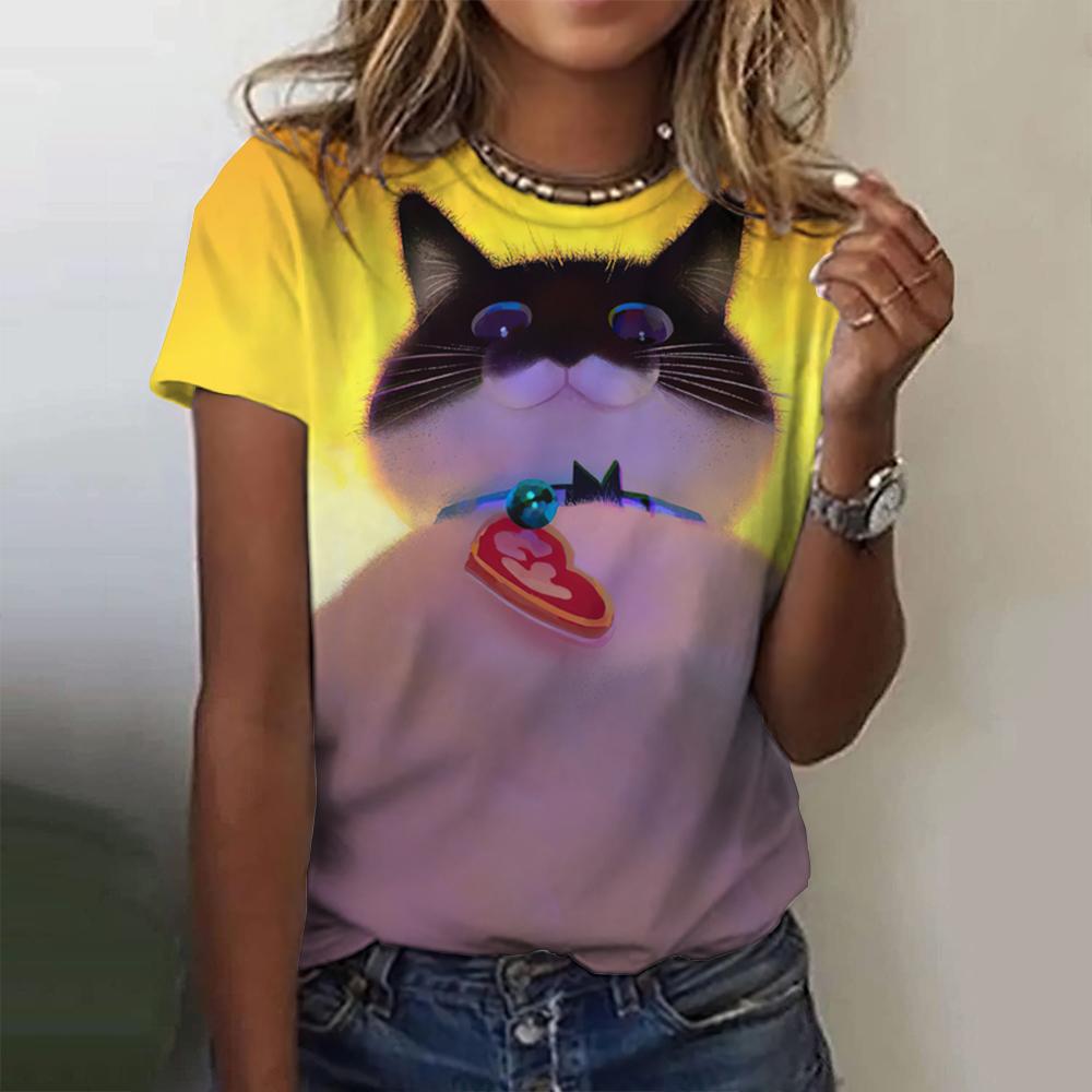 Lovely Cat Print Women O-Neck T-Shirts Kawaii Style Pullover Loose Short Sleeves Oversized Tee Shirt Summer Female Clothing 2024 EMA
