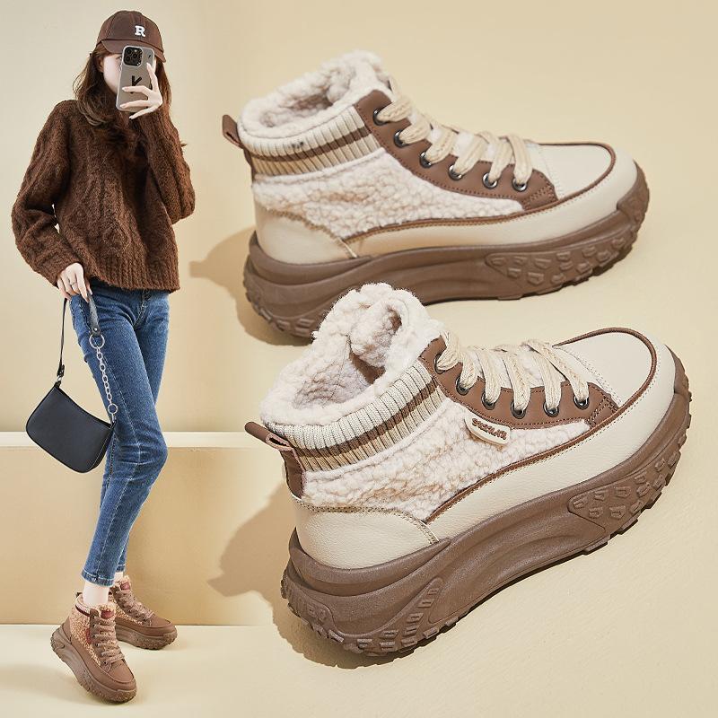 Women's Chunky Platform Snow Boots Winter Warm Faux Fur Lining Ankle Booties Lace-Up Comfortable Anti-Slip PU Leather Short Boots Shoes for Women