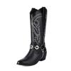 Plus Size 35-48 Retro Punk Embroidered Sewing Western Boots Women Pointy Toe Belt Buckle Metal Chain Chunky Heels Mid-calf Boots