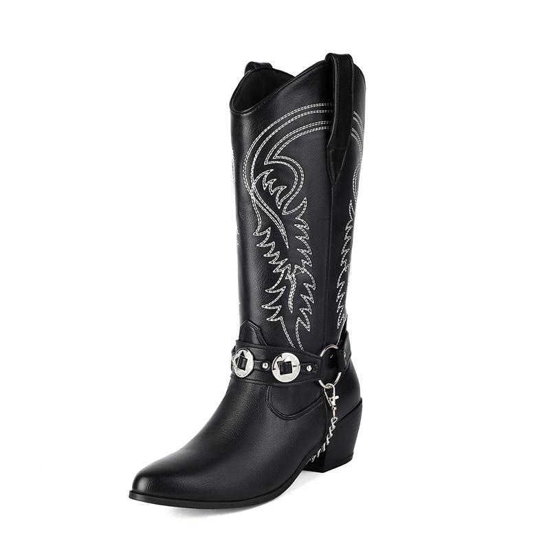 Plus Size 35-48 Retro Punk Embroidered Sewing Western Boots Women Pointy Toe Belt Buckle Metal Chain Chunky Heels Mid-calf Boots
